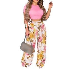 Mandonce 2 Piece Outfits for Women Crew Neck Short Sleeve Crop Tops Printed Wide Leg Long Pants Summer Matching Sets