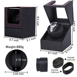 Automatic Single Watch Winder with Quiet Japanese Motor, in Wood Shell and Black Leather(Carbon Fiber Leather)