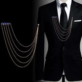 Elegant Crystal Chains Suit Pin Collar Lapel Pin Hanging Chains Brooch for Men Shirt Suit Tuxedo Coat Stud Badge Tassel Chain Men's Suit Jewelry Accessories (White-Gold)