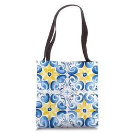 Swirl and Flower Tile Design in Blue and Yellow Tote Bag