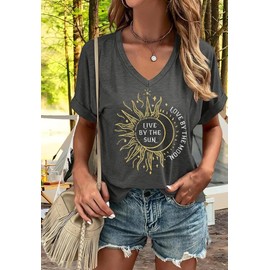 Women's Live by The Sun Love by The Moon V Neck Shirt Ramadan Sun Moon Graphic Tee Religion Summer Tops(M,Dark Grey-C)
