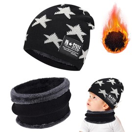 langyoujia Kids Thick Winter Hat, Warm Winter Hat and Scarf Set for Kids with Fleece Lining, Winter Hat and Scarf Set for Boys and Girls Age 5-15 Years, black