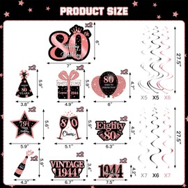 36PCS Rose Gold 80th Birthday Decorations Hanging Swirls for Women,Happy 80th Birthday Party Supplies Vintage 1944 Foil Swirls,Eighty Years Old Ceiling Hanging Decorations Party Decor