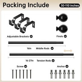 Extendable Curtain Rods 30-110 Inch, Dia 3/4" Splicing Adjustable Curtain Pole with 44mm Metal Ball Finials for Eyelet Curtains, Drapery Rods for Bedroom, Living room, Office