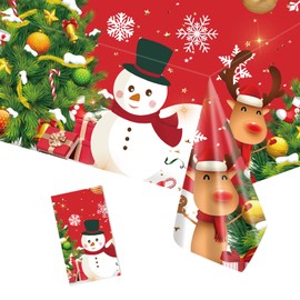 KFJBPB 1 Pcs Christmas Plastic Tablecloths 54x108 Inch, Snowman Red Disposable Christmas Table Cloth Rectangle Christmas Table Cover for Christmas Party Decorations (Christmas)