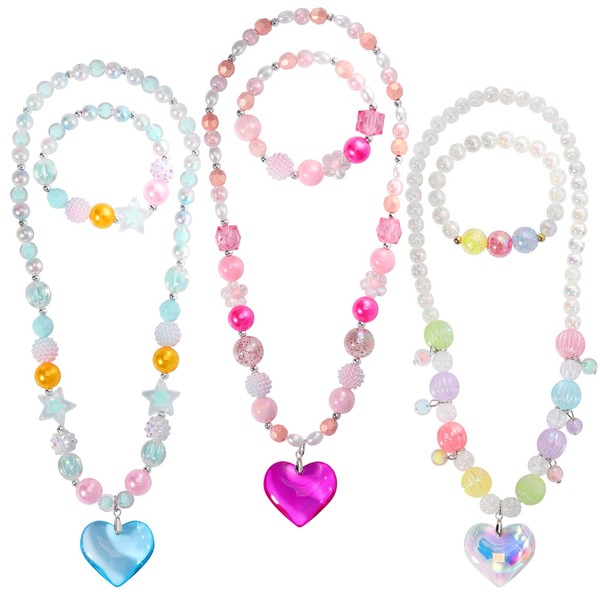 Powerking Girls Necklace and Bracelet,3 Set Little Girls and Kids Beaded Jewelry Necklace and Bracelet Set with Heart Pendant for Dress Up Pretend Play Party Favor
