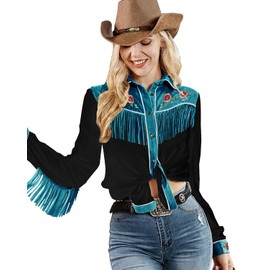 JOHN MOON Women's Fringe Western Long Sleeve Shirts with Floral Embroidered Cowgirl Button Down Shacket Blouse Country Rodeo Outfits Black