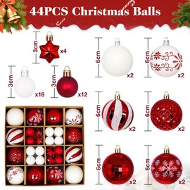 44PCS Christmas Baubles Plastic, Christmas Tree Baubles, Christmas Ornaments, Christmas Baubles White & Red, Christmas Tree Decorations, Christmas Decoration for Outdoor Indoor