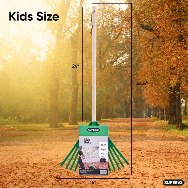 Pack of 2 Kids Rake with Hardwood Handle, Durable Plastic Head to Sweep Leaves in Lawn and Tidying Up The Garden, 34" (Green)