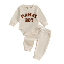 Newborn Boy Clothes Mamas Boy Baby Grow Waffled Long Sleeve Onesie Romper with Elastic Drawstring Pants for Infant Boys Spring Autumn 2Pcs Outfit Clothing Sets (Beige, 0-3 Months)
