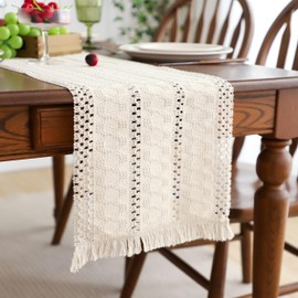 Simple&Opulence Boho Macrame 100% Cotton Table Runner - 12 x 90 Inch, Woven Farmhouse Table Runner with Tassels for Bohemian Rustic Wedding, Bridal Shower, Dinner （White）