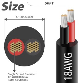 18 Gauge 2 Conductor Electrical Wire, 50FT 18AWG Stranded PVC Cord Tinned Copper Flexible Low Voltage Cable, Flexible Extension Power Cord for LED Strips, Indoor Lamps, Landscape Lighting, Automotive