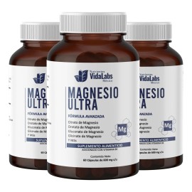 Pack 3 Frascos De Magnesio Ultra Nutrientes Vidalabs México 5 tipos de Magnesio Espectro completo 60 Cápsulas