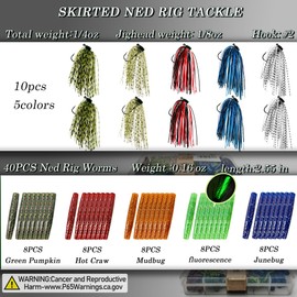 VMSIXVM Ned Rig Jig Heads Soft Plastic TRD Worms Fishing Lures Kit, 60/50/10 Pcs Weedless Skirted Finesse Mushroom Ned Rigs Jighead Hooks Stick Baits Bass Fishing Lures for Freshwater Saltwater