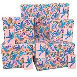 Luxury ECO Gift Wrap - 6 sheets/tags - Flying Birds Pink - Birthday - Recycled & Recyclable Wrapping Paper - Re-wrapped