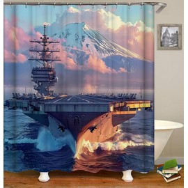 HUAZIYU Big Navy Aircraft Carrier, Mount Fuji, Modern, Realistic Art Style Poster Shower Curtain Sets for Bathroom Fabric with 12 Hooks, 72 x 72 Inches