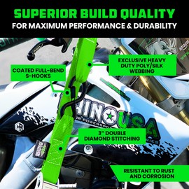 Rhino USA Motorcycle Tie Down Straps (2 Pack) Lab Inspected 2,200lb Break Strength, Steel Cambuckle Tiedown Set with Integrated Soft Loops - Better Than a Ratchet Strap (Green 2-Pack)