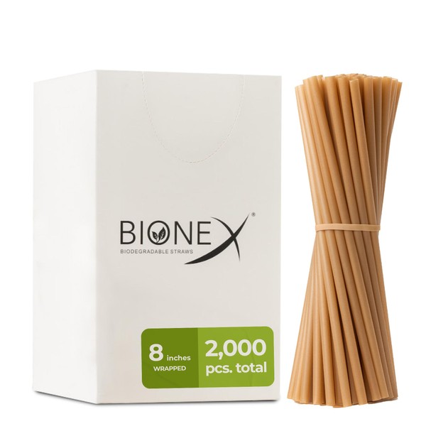 Bionex 8-inch Sugarcane Straws, 2000 Count Unwrapped Drinking Straws, Plastic