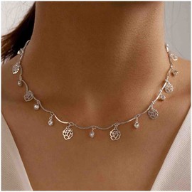 Cimenexe Bohemian Hollow Rose Necklace Choker Tiny Crystal Dangle Necklace Outline Flower Choker Necklace Silver Short Crystal Collar Necklace Jewelry for Women and Girls