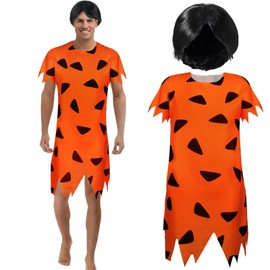 Toulite 3 Pcs Men's Caveman Costume Adult Cavemen Dress up Include Tunic Wig Tie for Carnival Mardi Gras World Book Day