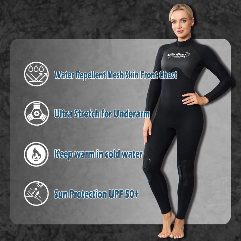 AnParc Wetsuit Women 3mm Neoprene, Cold Water Swimming with Back