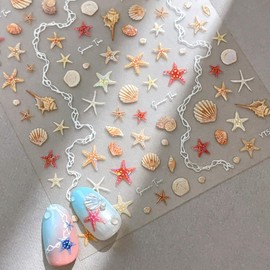 Summer Nail Art Stickers 5D Embossed Red Ocean Nail Art Decals 1 Sheet Red Yellow Starfish Seashell Conch Nail Design Stickers Sea Beach Nails Supplies Cute Marine Life Manicure Decoration for Women