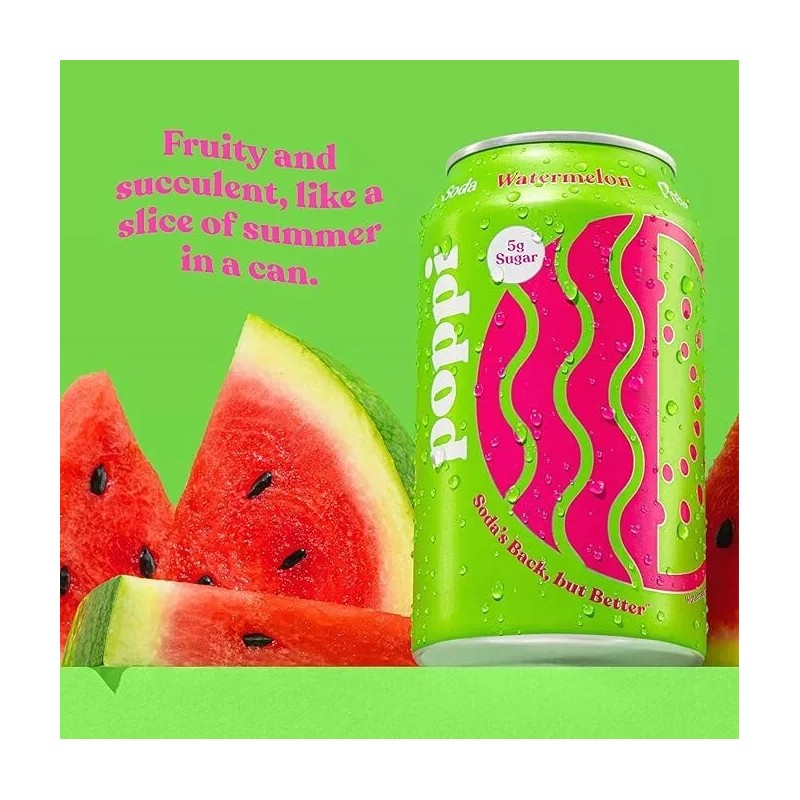 Poppi Watermelon Flavor, 12 oz, Pack of 12, Sparkling Prebiotic