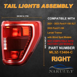 Nakuuly Tail Light with Blind Spot Compatible With 2021 2022 2023 Ford F150 XLT Right Passenger Side Taillight Rear Brake Lamp Halogen Type Without Bulb # ‎ML3Z13404C (Module NOT Included)