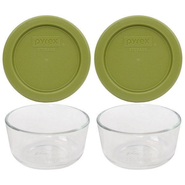 Pyrex (2) 7202 Glass Bowls & (2) Pyrex 7202-PC Olive