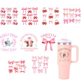 10pcs/Set Strawberry UV DTF Wraps Bowknot Coffee Transfer Decals for Glass and Mugs Plastic Cherry UV DTF Stickers