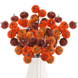 Canlierr 3 Pakc Fall Artificial Pumpkin Picks Orange Flocked Pumpkin Stems for Floral Arrangements Autumn Fall Branches for Vases Home Thanksgiving Home Table Centerpiece Decoration, Total 36 Pumpkins