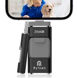 USB Stick for Phone Ryican 256 GB Memory Stick for iOS Password Protected Files 4 in 1 USB 3.0 Photostick Pendrive USB C for OTG Android/Laptop/PC/Pad, Data Copied with One Click (256G, Black)