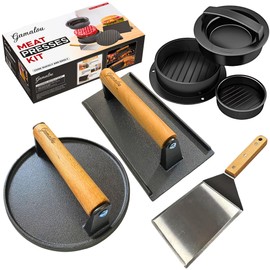 GAMALOU Smashed Burger Press BBQ Kit: 7" Round & 8.2x4.3 Rectangle Cast Iron Bacon Press, 3 in 1 Patty Maker, Spatula 6x5”, Burger Press Griddle Set for Blackstone, Traeger, Grills, Fry Pan