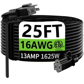HUANCHAIN Indoor Outdoor Black Extension Cord 25 ft Waterproof, 16/3 Gauge Flexible Cold-Resistant Appliance Cable Outside, 13A 1625W 16AWG SJTW, 3 Prong Heavy Duty Electric Cord, ETL