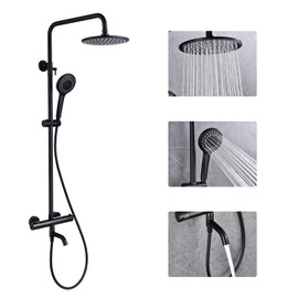 Dawot 3-Function Shower Faucet Set 8" Round Rain Shower Head with Handheld Spray Thermostatic Rainfall Shower System Shower Trim Kit for Bathroom or Backyard, Matte black