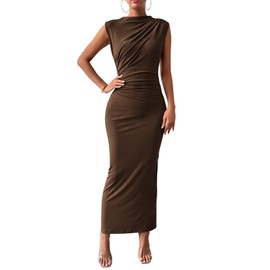 BTFBM Women's Ruched Bodycon Dress Summer Casual Sleeveless Back Slit Elegant Club Evening Party Cocktail Maxi Dresses(Coffee, Small)