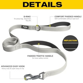 Fida Correa para perro acolchada con dos asas, cierre fácil avanzado, correas reflectantes resistentes para control de seguridad, correa para caminar para perros pequeños a grandes, 1,8 m, gris