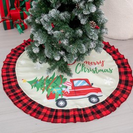 Christmas Tree Skirt 48 Inch with Truck Red and Black Buffalo Plaid Border Farmhouse Winter Holiday Decor Home Xmas Decoration Ornaments