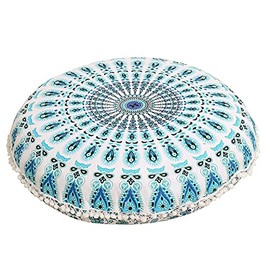 32" Mandala Large Floor Pillow Cover Turquoise Seating Throw Hippie Round Colourful Decorative Bohemian Accent Boho Chic dog bed Indian Pouf Ottoman Handmade COVER ONLY (Peacock-Sky Blue)