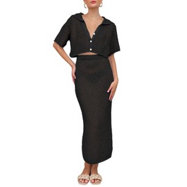 Saodimallsu Women Crochet Beach Cover Up Set Knit Crop Button Short Sleeve Collar Top Bodycon Long Skirt 2 Piece Outfits Black
