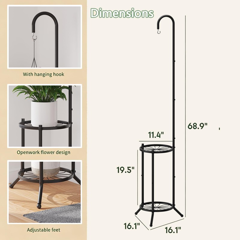 2-Tier Plant Stand With Hanging Hook, Metal Standing Plant Hanger,