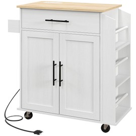 HOMCOM Kitchen Island with Storage, Rolling Kitchen Cart with AC Outlets and USB Ports, Microwave Stand with Towel and Spice Rack, White
