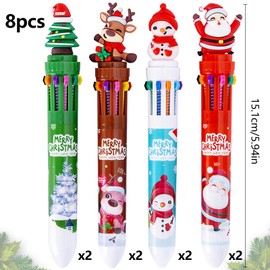 Pack of 8 Christmas Ballpoint Pens, 10-in-1 Multicoloured Pens, 10 Colours Christmas Ballpoint Pens, Retractable Pens Christmas, Small Christmas Gifts for Students, Children, Party Bag Fillers