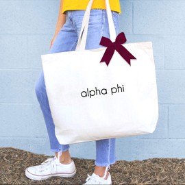 sockprints Tote Bags with Alpha Phi Color Bow - Classic Sorority Name Design - Large Canvas Tote Bag for Women and Sisterhood