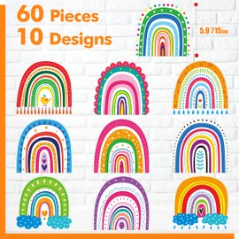 60 PCS Rainbow Cutouts, 10 Designs Colorful Bulletin Board Decoration Erasable with PET Film Cut-Outs DIY Crafts Project Spring Summer Party Supplies for White Board Teacher Student (5.9” Each)