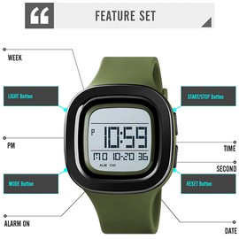 BESTKANG Unisex Outdoor Sports Watches LED Large Face Digital Sports Watch Military Waterproof Men Women Student Watches (B-Green)