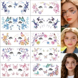 12 Sheets Glitter Butterfly Face Temporary Tattoos Sticker for Women Fairy Eyes Makeup, Flash Shiny Butterflies Waterproof Fake Tattoos for Festival Princess Rave Party Eye Favors Body Art Decor Q996