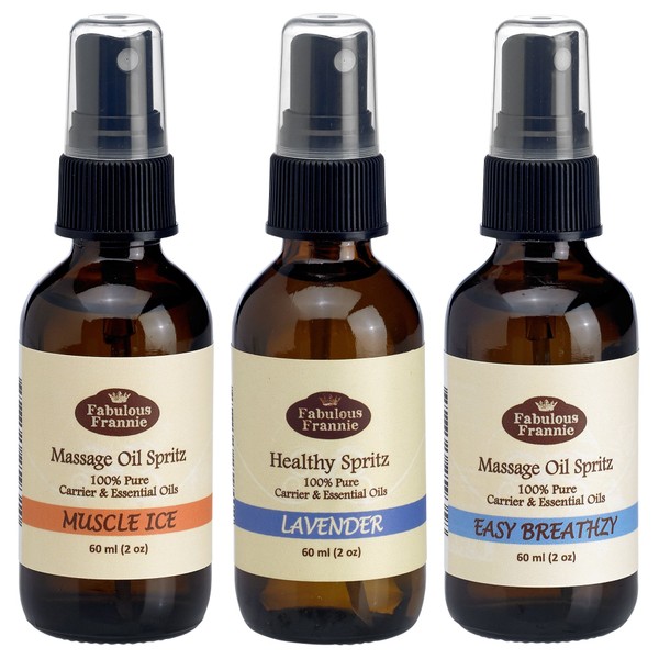 Massage Spray Trio Aromatherapy Oils 2 oz Set includes Muscle Ice (Formally Aches & Pains), Easy Breathzy (Formally Cold & Flu) and Lavender
