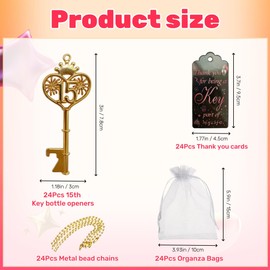 Innersoulful 24Sets 15th Quinceañera Key Bottle Openers, Birthday Favors for Guests, 15th Anniversary Bottle Opener Return Gift with Thank You Cards Organza Bags Gold Party Supplies Souvenirs