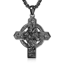 Saint Christopher Necklace for Men 925 Sterling Silver Cross St Christopher Necklace Mens St Christopher Medal Protection Jewelry Religious Gifts (Black)